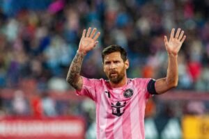 Inter Miami's Argentine forward #10 Lionel Messi waves to fans as he exits the field during the Major League Soccer (MLS) regular season match between New England Revolution and Inter Miami CF at Gillette Stadium in Foxborough, Massachusetts on July 9, 2025. (Photo by Joseph Prezioso / AFP)